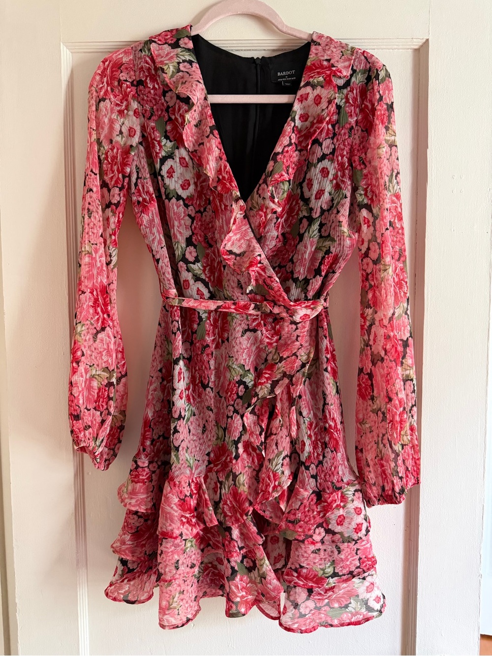 Bardot Floral Pink Dress Ruffles Sheer Sleeves